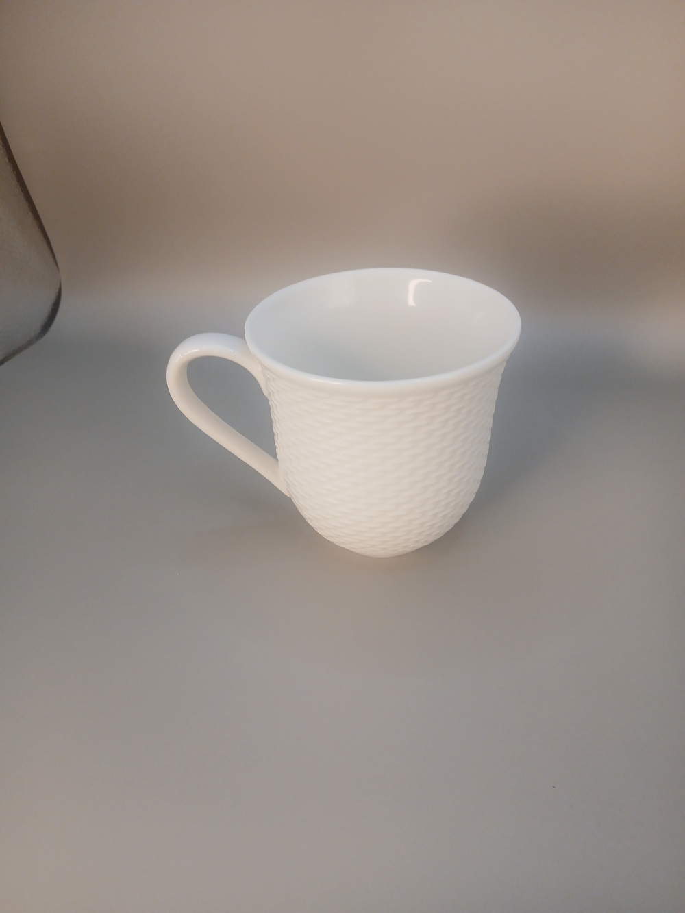 White Textured Basketweave Ceramic Coffee Mug Minimalist Glossy Tea Cup